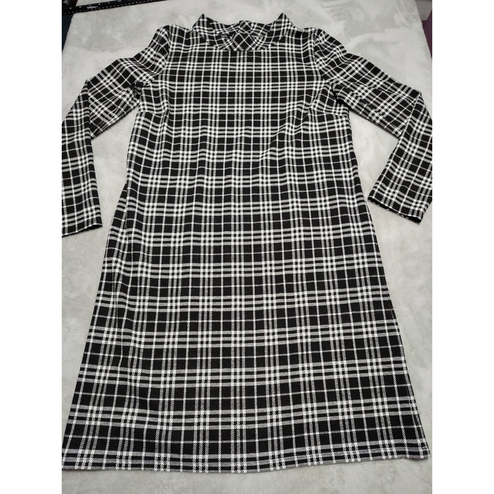 Talbots Flannel Dress Ladies M Black/White Plaid Mock‎ Collar Rear Neck Buttons